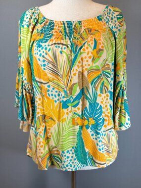 Cato Tropical Smocked Top Small Ruffled Flounce Sleeves Oversized Flowy Fit Soft
